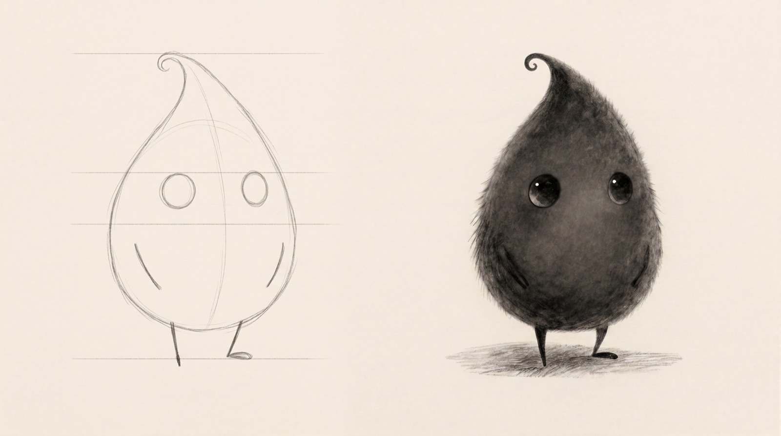 Mote construction sheet: teardrop body, comma curl, eye guides, asymmetric legs