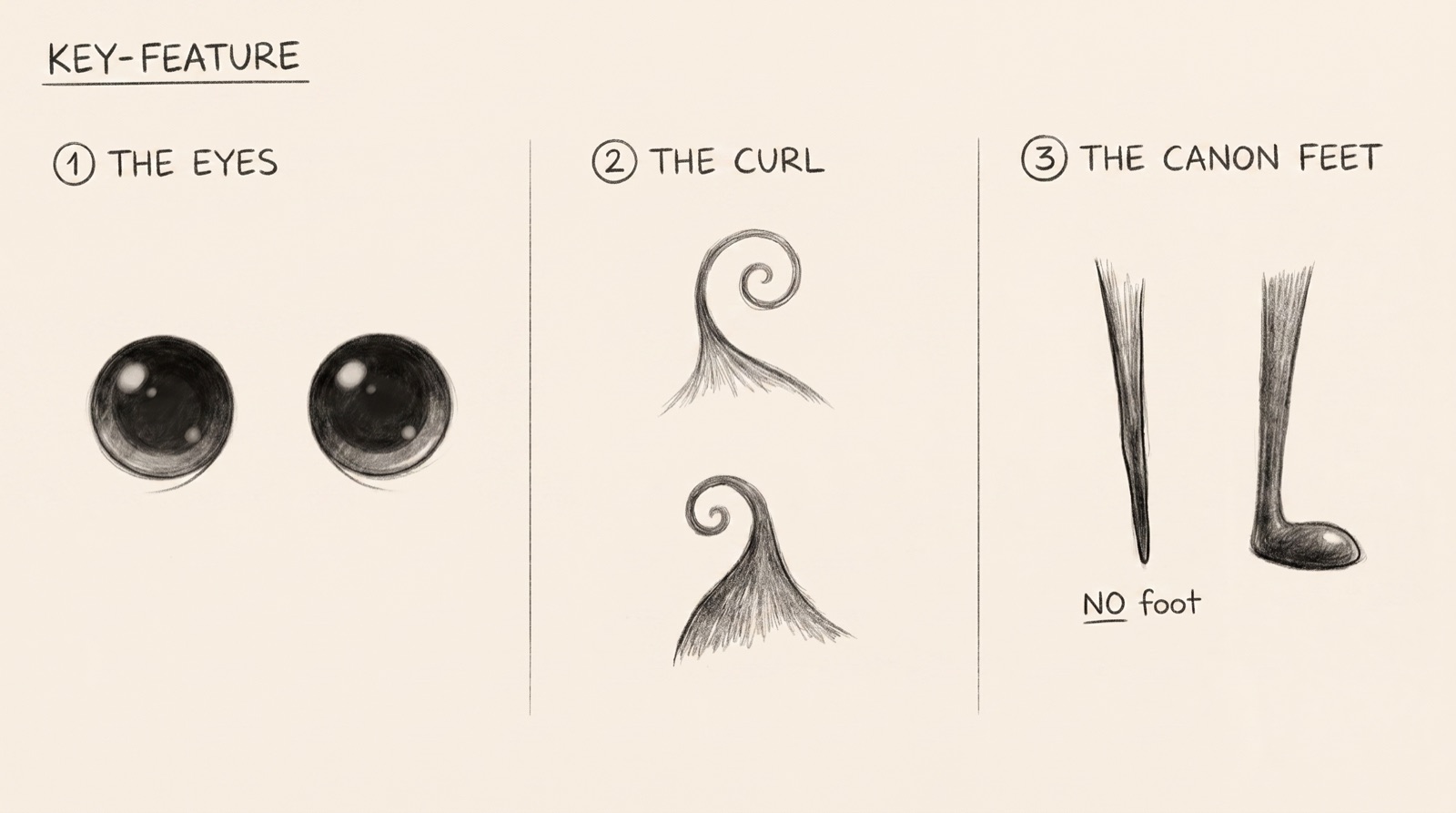 Mote key features sheet: the eyes, the curl, and the legs that never match