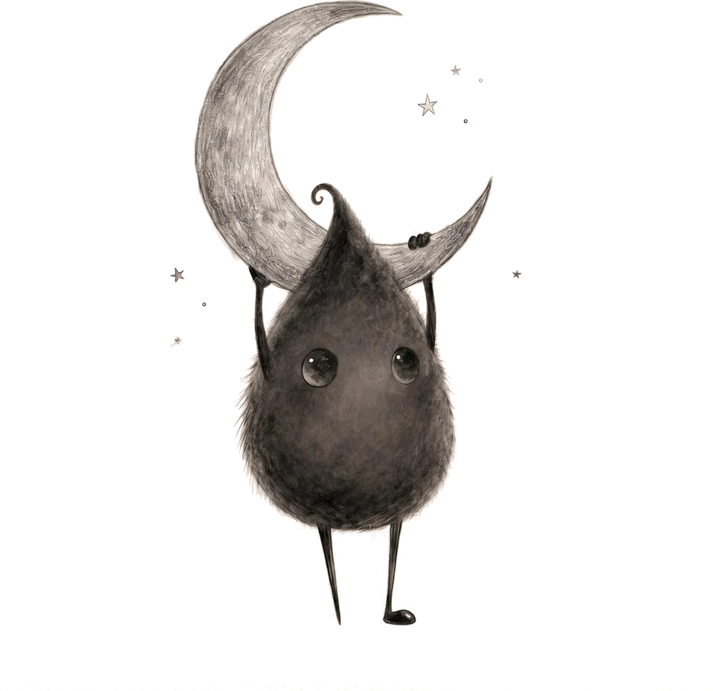 Mote the Dreamer, a small hand-drawn graphite creature with big eyes and a single curl