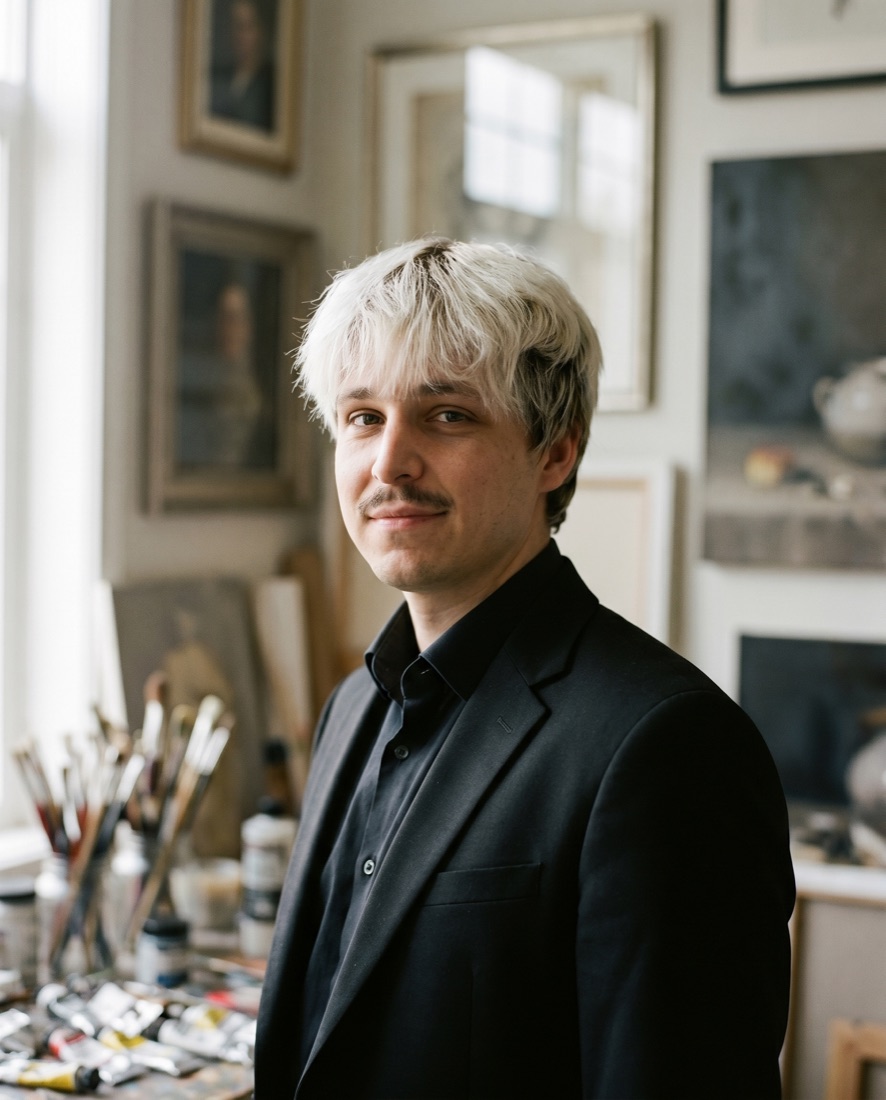 Jean in a studio hung with paintings
