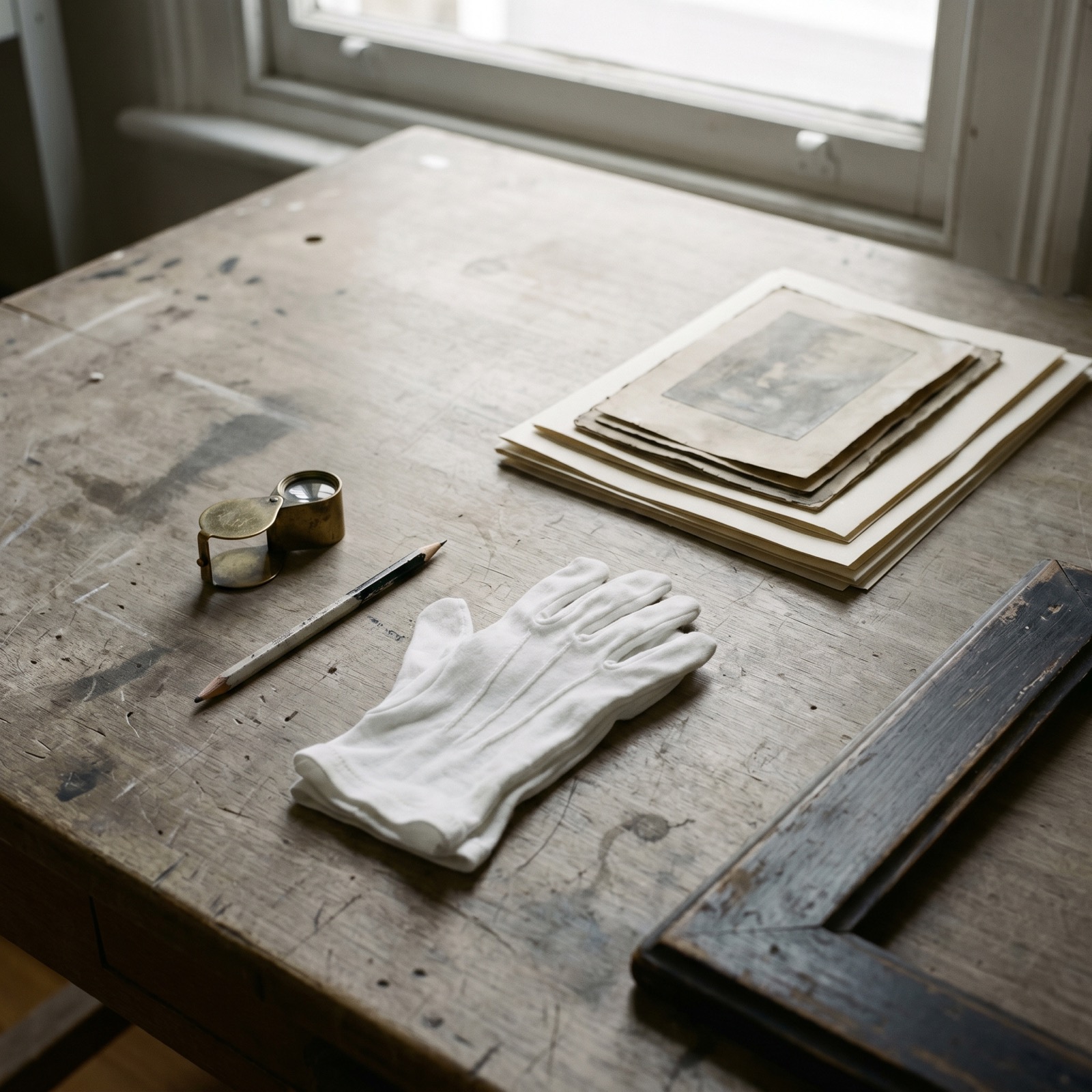A curator's worktable with a loupe, pencil, cotton gloves and a stack of prints