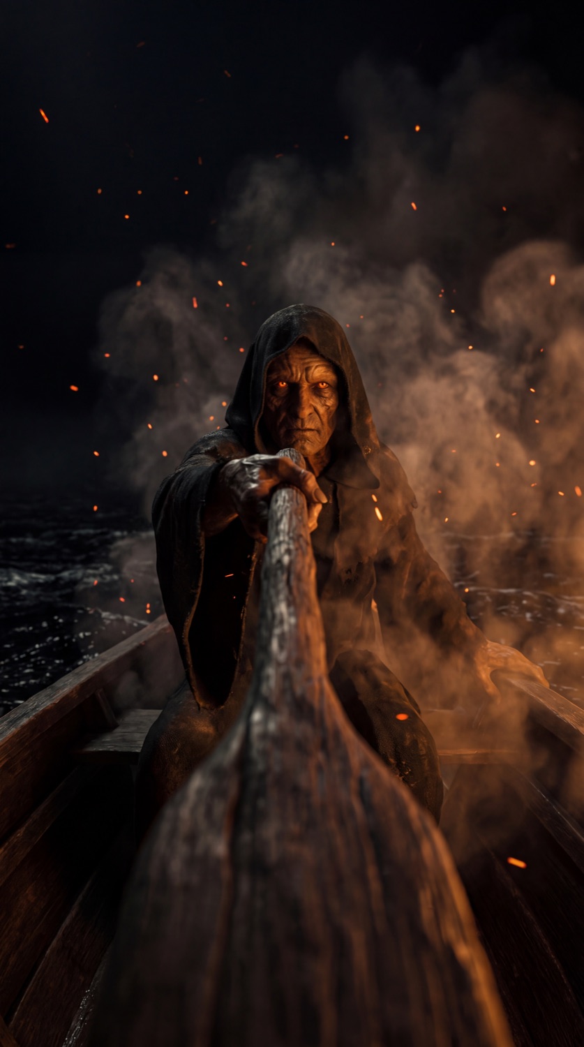 A hooded ferryman with burning red eyes rowing a wooden boat across dark water, a still from the ArtMatch Dante video
