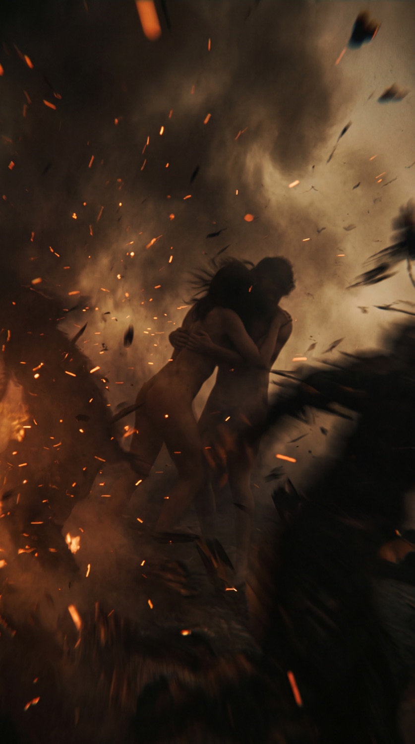 Two lovers turning in a storm of wind and embers deep in Hell, a still from the ArtMatch Dante video