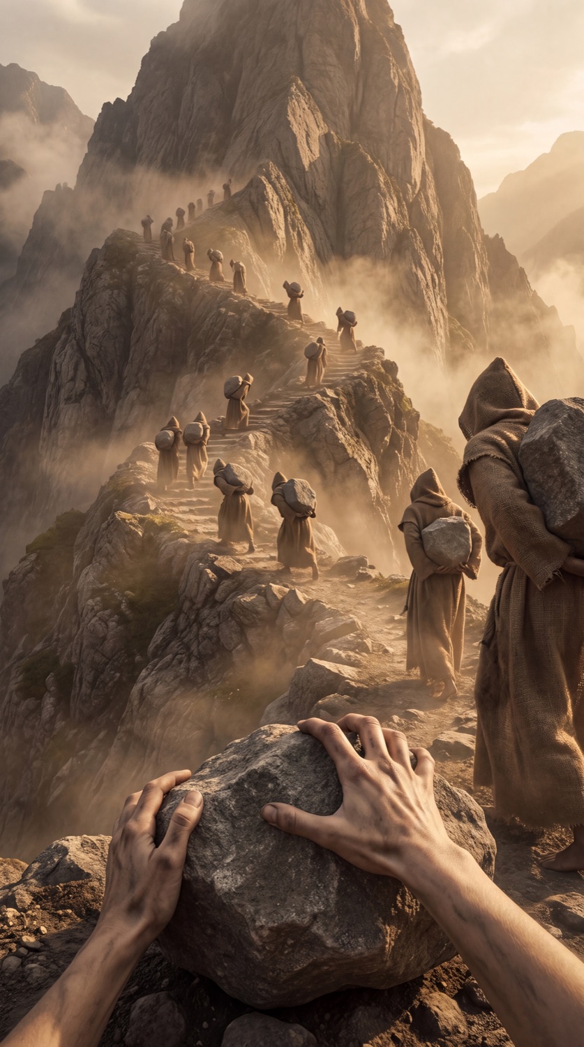 Hooded souls climbing a mountain path bent under heavy stones, a still from the ArtMatch Dante video