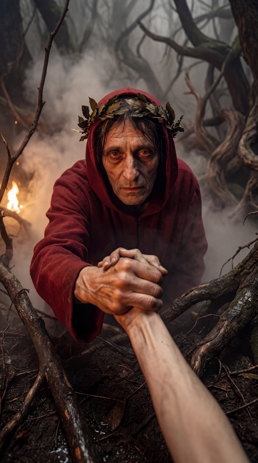 A red-robed figure in a laurel crown reaching down to clasp the viewer’s hand in a burning wood, a still from the ArtMatch Dante video