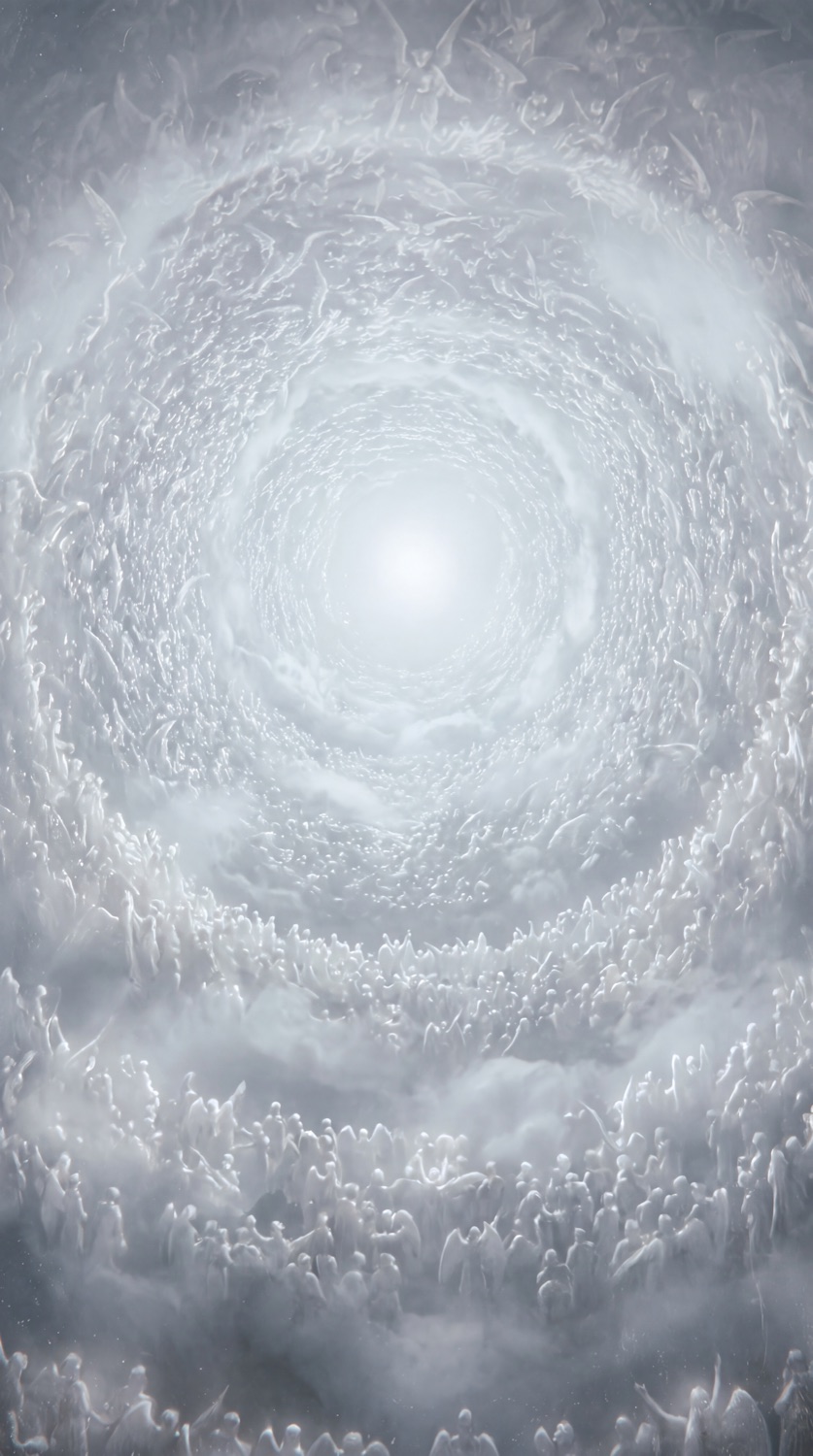 First-person view rising toward a vast rose of light at the end of the journey, a still from the ArtMatch Dante video