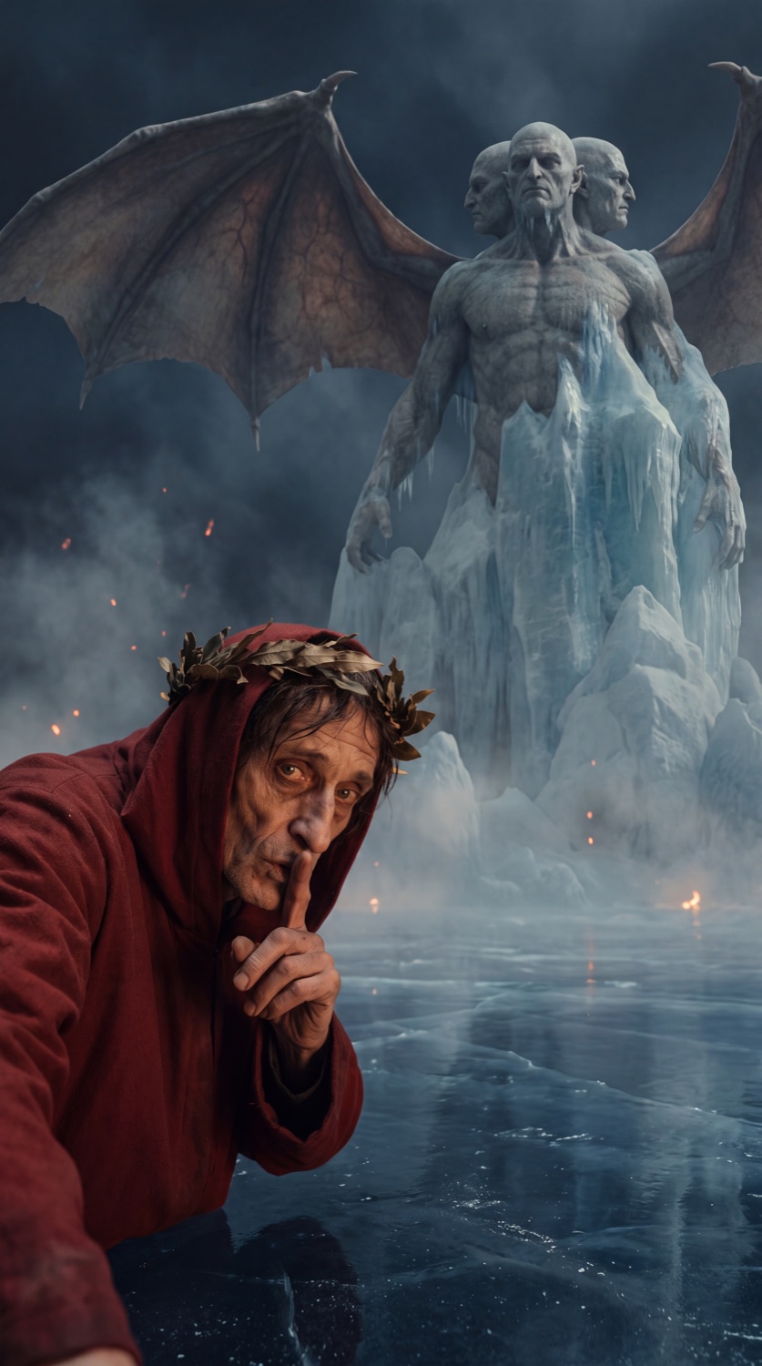 Satan fixed in a vast sheet of ice at the frozen bottom of Hell, a still from the ArtMatch Dante video