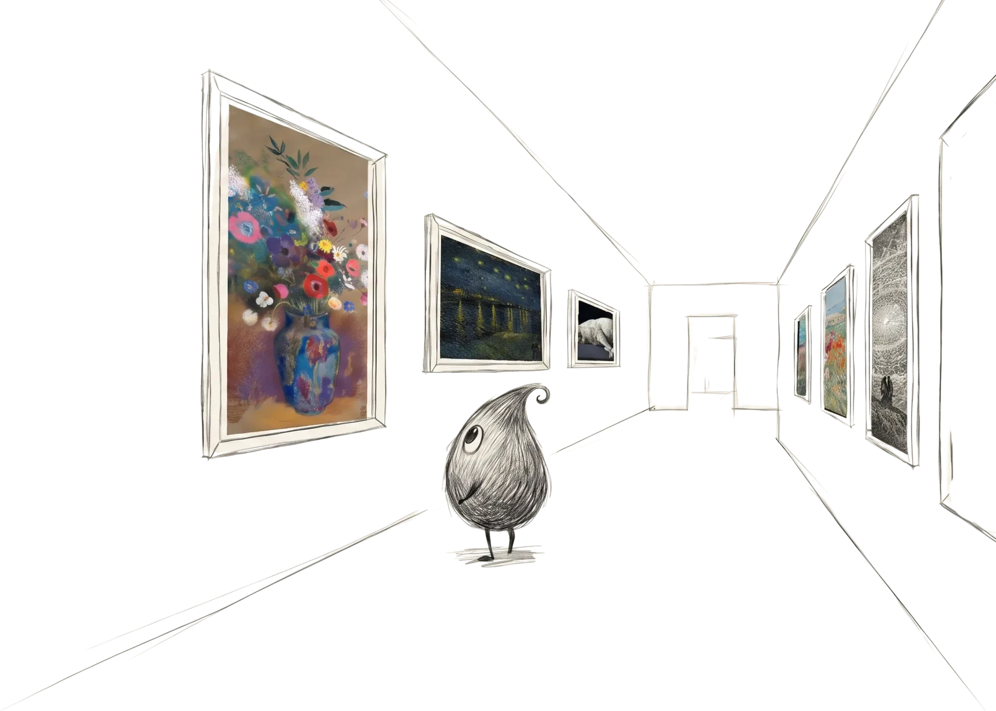 A little character standing in a gallery hung with works we sell, from Redon's flowers to Van Gogh's Starry Night and Zurbarán's lamb.
