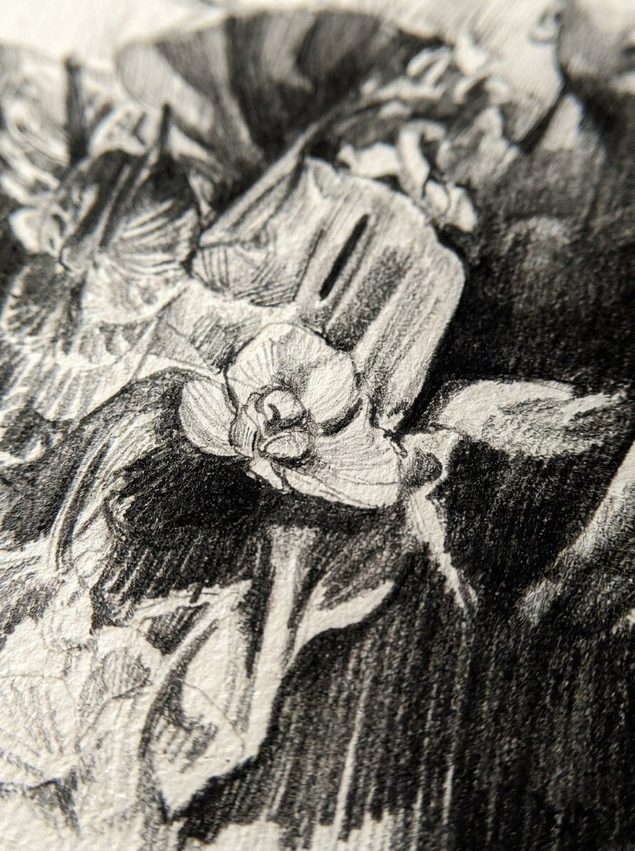 A close view of David Codjo's drawing Look Up, graphite petals at the scale where the paper grain shows