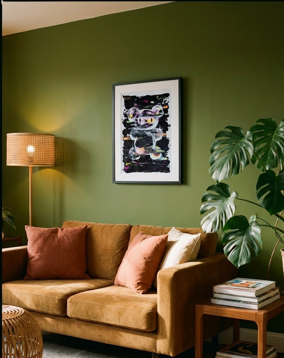 A framed print hung above a mustard sofa on a deep green wall, sized to about two thirds of the sofa's width