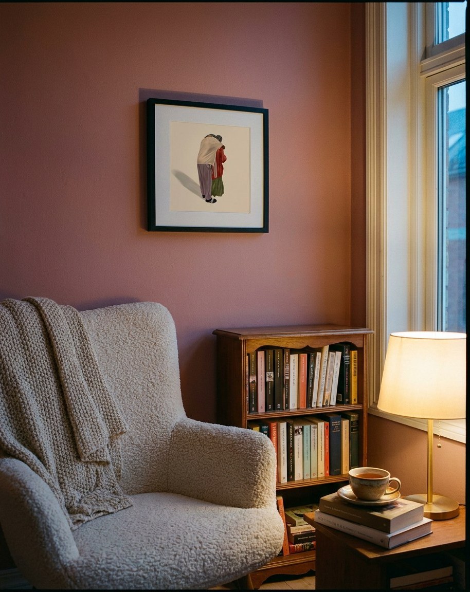A small framed painting above a reading chair in a warm pink room, lit by a bedside lamp